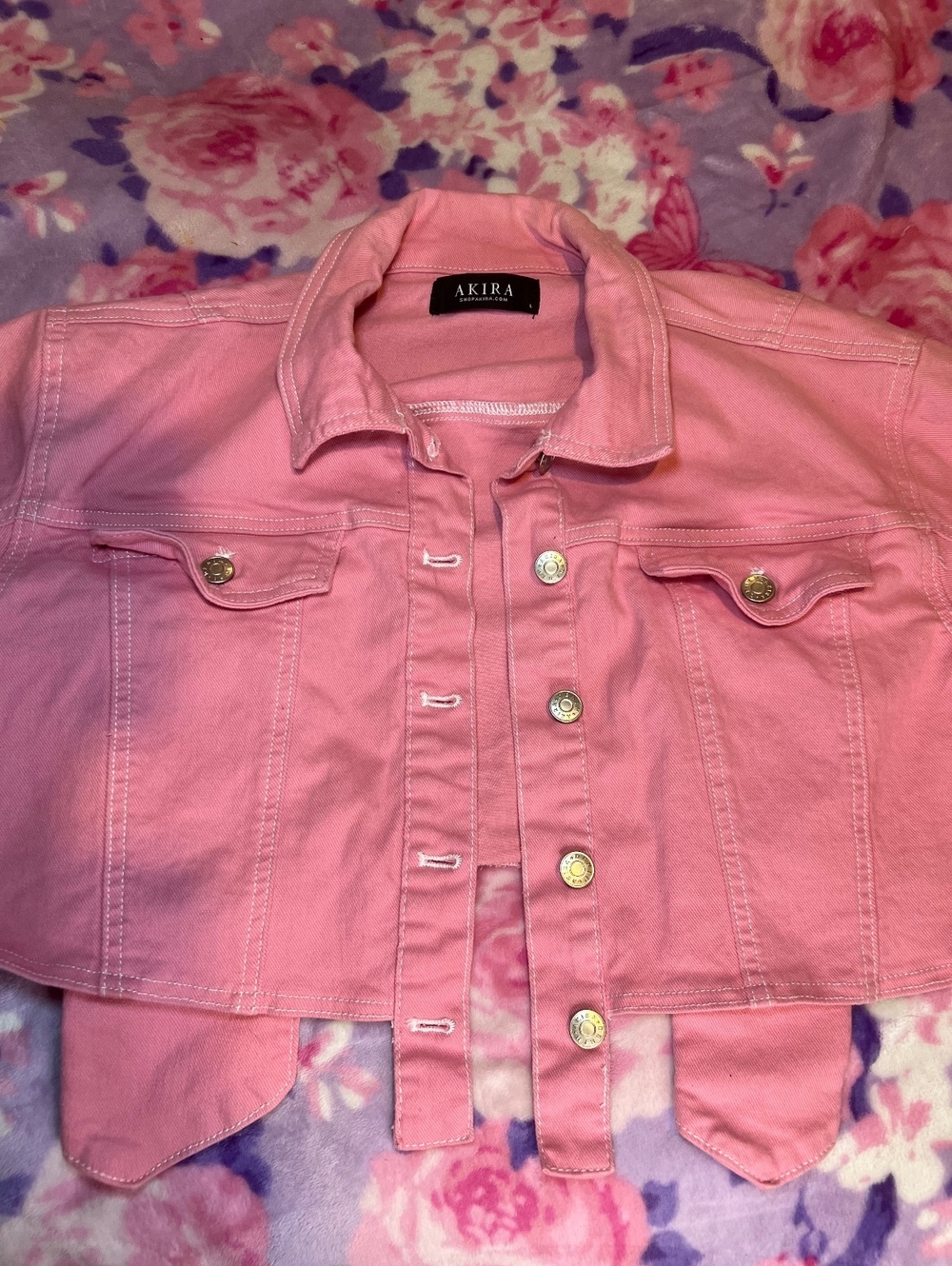 AKIRA Pink Cropped Denim Jacket Belted Size L